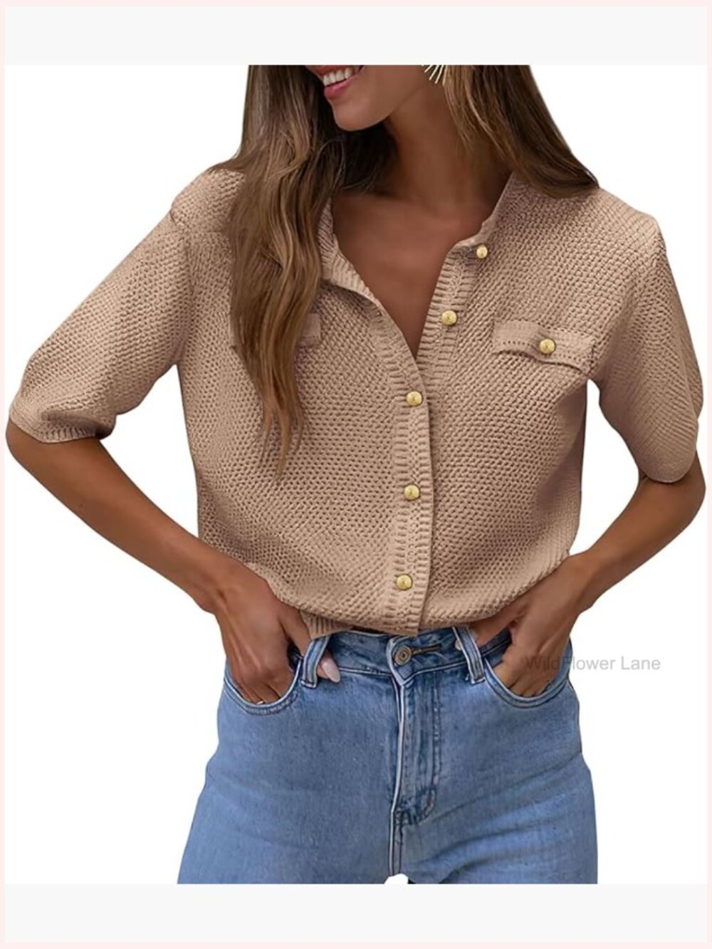 Womens Summer Cardigan Short Sleeve Button Down V Neck Ribbed Knit Blouse Top